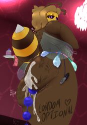 absurd_res adrian_(bonebees) anal anal_beads anal_beads_in_ass anal_penetration antennae_(anatomy) anthro arthropod arthropod_abdomen bee big_butt blonde_hair bodily_fluids body_writing bonebees brown_body butt chandelier condom condom_balloon condom_wrapper cum cum_drip cum_from_ass cum_in_ass cum_inflated_belly cum_inflation cum_inside cum_on_butt dripping eyelashes eyeshadow femboy filled_condom genital_fluids hair heart_symbol hi_res holding_tray honeycomb_(pattern) hymenopteran inflation insect insect_wings looking_at_viewer lube_bottle makeup male mandibles marker object_in_ass penetration purple_eyes sex_toy sex_toy_in_ass sex_toy_insertion sexual_barrier_device solo stinger stripes tally_marks wings wobbling yellow_face