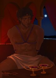 bondage brown_skin brunette brunette_hair diomedes diomedes_of_argos_(mythology) greek_mythology harness harness_only kinky loincloth looking_at_viewer male_focus male_only moon muscular muscular_male rope rope_bondage rope_harness sitting tan_skin the_epic_cycle tied_up trojan_war wine
