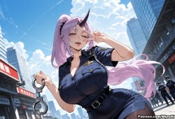 1girl ai_assisted ai_generated alternate_costume belt breasts city curvaceous curvy curvy_female curvy_figure female giantess ground_vehicle horns large_breasts long_hair looking_at_viewer miyuai multiple_girls one_eye_closed oni_horns open_mouth pencil_skirt pink_hair police police_uniform policewoman ponytail purple_eyes purple_hair shion_(tensei_shitara_slime_datta_ken) shirt skirt sky smile solo_focus tensei_shitara_slime_datta_ken thick thick_ass thick_butt thick_hips thick_legs thick_thighs uniform voluptuous voluptuous_female wide_hips wide_thighs