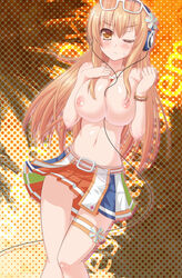 beatmania beatmania_iidx between_breasts blonde_hair blush bracelet breasts cord_between_breasts female garter garters glasses glasses_on_head hair_ornament hand_on_chest headphones highres huge_breasts jewelry leg_garter long_hair megawatt navel necklace nipples orange_eyes pleated_skirt skirt slender_waist solo standing thighs topless umegiri_iroha wink