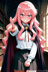 1boy ai_generated angry bangs black_cape black_skirt blush bolo_tie book bookshelf cape clenched_teeth collared_shirt covering covering_crotch cowboy_shot embarrassed eyebrows_visible_through_hair femboy flat_chest genderswap genderswap_(ftm) hair_between_eyes index_finger_raised indoors long_hair long_sleeves looking_at_viewer louise_francoise_le_blanc_de_la_valliere male pentacle pink_eyes pink_hair pleated_skirt pointing pointing_at_viewer shirt sidelocks skirt solo standing teeth tehmar trans_woman transfem trap v-shaped_eyebrows white_shirt window zero_no_tsukaima