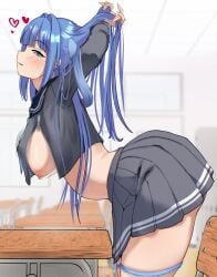 1girls arcana_(nikke) blue_hair blue_hair_female boobs breasts desk eyebrows_visible_through_hair female goddess_of_victory:_nikke nikke nipples no_bra nyarumon school_desk school_girl school_uniform schoolgirl schoolgirl_uniform skirt thick_thighs thighs tits woman zipper