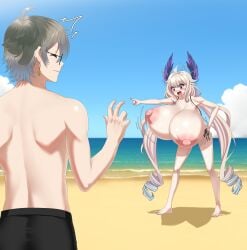 1boy 1boy1girl 1girls absurd_res ahoge alternate_breast_size back beach bikini black_bikini black_swimsuit blonde_hair blue_highlights blush bouncing_breasts breast_expansion breasts_bigger_than_head breasts_bigger_than_torso closed_eyes cloud collarbone commission drill_hair earrings embarrassed english_commentary enna_alouette full_body gigantic_breasts glasses gray_hair hair_between_eyes hair_flaps hand_on_hip headwings highleg_bikini_bottom highres hoosu ike_eveland lips long_sidelocks looking_down low_twintails mortified motion_blur motion_lines multicolored_hair nijisanji nijisanji_en nipples no_wings ocean open_mouth pointing pointing_at_another purple_eyes purple_wings reaction_lines second-party_source shadow shocked shocked_expression shrunken_irises side-tie_bikini_bottom sidelocks sky string_bikini surprised surprised_expression swim_trunks swimsuit topless topless_male twintails wardrobe_malfunction wavy_mouth