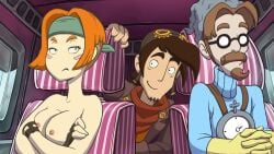 1girl 2boys bandana beard blush_stickers breasts brown_hair clothed_male_nude_female crossed_arms deponia facial_hair fingerless_gloves frown glasses gloves goal_(deponia) goggles hat headband medium_breasts multiple_boys mustache nipples nude orange_hair short_hair sitting smile topless turtleneck yellow_gloves