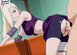 1boy 1girl ai_generated all_fours anus ass bandages bent_over bike_shorts bike_shorts_under_skirt blonde_hair breasts clothed_female_nude_male clothed_sex clothes_lift crop_top doggystyle earrings facial_mark female_pubic_hair fishnets green_eyes grin hair_over_one_eye hetero indoors ino_yamanaka long_hair looking_back male_pubic_hair medium_breasts midriff miniskirt naruto naruto_(series) naruto_shippuden naruto_shippuuden no_panties nude penis ponytail pubic_hair purple_skirt pussy sex sex_from_behind shorts skirt skirt_lift smile solo_focus spasibo15 torn_bike_shorts torn_clothes uncensored vaginal yamanaka_ino