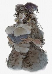 1girls 2026 anthro big_breasts black_hair black_sheep book bovid breast_squish breasts caprine collar female female_only fluffy fur grey_body grey_skin hi_res holding holding_book holding_object horns horror huge_breasts mammal menthaam monster monster_girl nightmare_waifu rachel_waterman_(the_walten_files) saliva solo spiked_collar standing the_mysterious_house the_walten_files witch_hat yellow_eyes