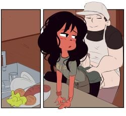 1boy 1girl apron ass ass_grab bent_over black_eyes black_hair blush bread buttjob closed_eyes clothes_writing colored_skin comic counter dark_skin erection food groping hat hazel_(seconds) hetero imminent_penetration long_hair pantyhose penis penis_on_ass plate seconds_(comic) shirt shorts t-shirt thesquiddycipher uncensored