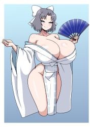 1girl absurdres bare_shoulders blue_eyes blush body_blush bow breasts cleavage clenched_hand closed_mouth collarbone folding_fan gigantic_breasts grey_hair groin hair_bow hand_fan highres holding holding_fan japanese_clothes kimono looking_at_viewer low_neckline open_mouth paper_fan ribbon-trimmed_kimono ribbon_trim seductive_smile senran_kagura senran_kagura_shinovi_versus shiny_skin short_hair shoulder_blush smile solo striped_bow white_bow white_kimono yumi_(senran_kagura)