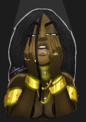 1girls 2017 big_breasts black_hair breasts dark-skinned_female dark_skin female nipples shy_green solo