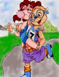 1boy 1girl alvin_and_the_chipmunks animal_nose blonde_hair blowing_bubbles blue_footwear blue_leotard blue_sky breasts brown_hair buck_teeth chewing_gum chipettes clothed_sex clothes_pull clothing_aside covered_navel ctw36 day erection furry furry_female furry_male furry_with_non-furry glasses grabbing grabbing_another's_breast grabbing_from_behind grass green_eyes half-closed_eyes hetero inline_skates interspecies jeanette_miller leg_up leg_warmers leotard leotard_aside medium_breasts nipples open_mouth orange_legwear outdoors penis pink-framed_eyewear pussy red_hair roller_skates round_eyewear sex shirt shoes short_hair shorts shorts_pull simon_seville skates sky smile socks standing sweatband swimsuit_aside teeth testicles uncensored vaginal wristband