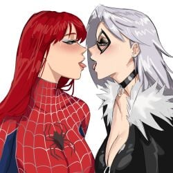 2girls big_breasts black_cat_(marvel) black_lipstick blue_eyes blush blushing bodysuit catsuit choker cleavage color colored deep_cleavage drakinn_art ear_piercing earrings eye_contact eyeliner eyeshadow felicia_hardy female female/female female_only fur_trim green_eyes imminent_kiss lesbian light-skinned_female light_skin lipstick long_hair looking_at_partner marvel marvel_comics mary_jane_watson mask masked masked_female mouth_open red_hair simple_background solid_color_background spider-man_(series) superhero_costume tongue tongue_out white_background white_hair yuri