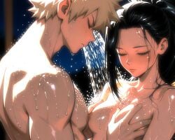 1boy 1girl ai_generated bakugou_katsuki black_hair_female blonde-haired_male boku_no_hero_academia breast_grab breasts closed_eyes female grope groping groping_breasts katsuki_bakugou light_skin male male/female mixed_bathing momo_yaoyorozu muscular muscular_male my_hero_academia shower showering spiky_hair straight washing water yaoyorozu_momo