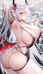 1girls armpits ass bat_wings beach breasts demon_horns demon_wings elf elf_ears elf_female elf_girl female female_only flower flower_hair_ornament flower_in_hair gray_hair hair_ornament highres horns large_breasts long_hair original pointy_ears sea silver_hair solo solo_female sora_72-iro straight_hair swimsuit water wings