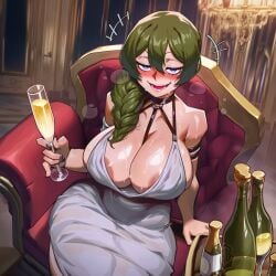 1girl 1girls ai_assisted ai_generated alcohol alcoholic_drink alternate_breast_size alternate_hairstyle areola areola_slip areolae areolae_visible_through_clothing artist_name ballroom braid braided_hair braided_ponytail champagne deep_cleavage drinking drinking_glass drunk elegant_dress fancy_clothing green_hair huge_breasts laugh laughing looking_at_viewer looking_pleasured open_mouth purple_eyes sitting_on_chair sousou_no_frieren tagme takhiai ubel_(sousou_no_frieren) white_dress