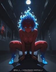 1boy 1girl ai_generated assertive_female blue_eyes blue_hair breasts bulge clothed_male_nude_female completely_nude cowgirl_position dark-skinned_female dark_skin erection erection_under_clothes explicit fiery_hair girl_on_top glowing glowing_eyes glowing_hair hetero imminent_penetration indoors large_breasts medium_breasts moon multicolored_hair navel night nipples nude nyx_x pov solo_focus squatting squatting_cowgirl_position straddling