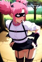 1girl ai_assisted ai_generated anime_coloring anime_screencap bat_wings cock_in_pussy collar cowgirl creampie embarrassed eye_mask fisheye harness inside leaning_forward mini_wings moaning outside parted_bangs pink_eyes pink_hair pop_step pussy_sex rolling_eyes saliva shaking side_view skirt stockings tree twintails white_shirt