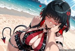 1girl ai_assisted ai_generated anger_vein bangs bare_shoulders beach belt black_hair blue_sky blush breasts cleavage closed_mouth curvaceous curvy curvy_female curvy_figure day demon_tail eyebrows_visible_through_hair female fishnets heart heart-shaped_pupils heterochromia jane_doe_(zenless_zone_zero) large_breasts looking_at_viewer miyuai multicolored_hair ocean outdoors pointy_ears ponytail red_eyes sand shore skirt sky symbol-shaped_pupils tail thick thick_ass thick_butt thick_hips thick_legs thick_thighs voluptuous voluptuous_female water wide_hips wide_thighs yellow_eyes zenless_zone_zero