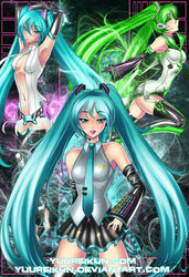 3girls aqua_eyes aqua_hair armpits boots breasts bridal_gauntlets center_opening cleavage detached_sleeves female gloves green_hair hairclip hatsune_miku hatsune_miku_(append) headphones headset microphone multiple_girls necktie skirt smile text thighhighs tied_hair twintails very_long_hair vocaloid watermark zettai_ryouiki