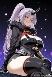 1girl ai_assisted ai_generated bangs belt black_legwear breasts cleavage curvaceous curvy curvy_female curvy_figure fang female fur_collar fur_trim gloves horns huge_breasts jacket lips long_hair looking_at_viewer miyuai mole ponytail purple_eyes shion_(tensei_shitara_slime_datta_ken) single_horn sitting smile solo tensei_shitara_slime_datta_ken thick thick_ass thick_butt thick_hips thick_legs thick_thighs thighhighs thighs voluptuous voluptuous_female wide_hips wide_thighs