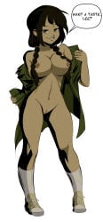 1girls avatar_the_last_airbender bedroom_eyes big_breasts black_hair breasts busty coat_only color confidently_naked full_body hair_over_breasts innie_pussy jacket jin_(avatar) long_hair looking_at_viewer naked_footwear naked_sneakers nipples nude nude_female open_coat perky_breasts presenting_self pussy seductive seductive_smile shoes smile sneakers socks standing teenager text text_bubble trenchcoat twin_braids undressing vagina zuko