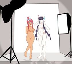 2026 2girls :d absurdres arms_behind_back backdrop barefoot black_hair blue_eyes blunt_bangs blush bobcheez breasts collarbone commentary completely_nude elesa_(pokemon) hair_ornament headphones highres light_stand multiple_girls nipples nude one_side_up open_mouth photo_shoot pokemon pokemon_black_2_and_white_2 pokemon_bw2 pussy short_hair_with_long_locks sidelocks skyla_(pokemon) smile softbox standing teeth toes uncensored upper_teeth_only