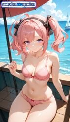 1girls 2026 ai_assisted ai_generated anime azur_lane beach blue_sky boat boobs bow breasts bust cloud dock hi_res high_quality high_resolution highres navel patreon patreon_username pier pink_bikini pink_bra pink_panties pool saratoga_(azur_lane) ship shore sky skypassion solo stable_diffusion tits water watermark