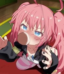 1boy 1girl ahoge animated ass bar_censor black_nails blue_eyes blush breasts censored detatched_sleeves disembodied_penis erection fellatio fingernails heart heart-shaped_pupils jewelry kneeling milim_nava mizumizuni nail_polish necklace no_sound oral penis pink_hair saliva small_breasts striped_clothes striped_thighhighs sweat symbol-shaped_pupils tagme tensei_shitara_slime_datta_ken thighhighs thong twintails underwear veins veiny_penis video