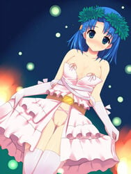 bare_shoulders blue_eyes blue_hair blush breasts bridal_gauntlets crotchless crotchless_panties dress dutch_angle female highres looking_at_viewer nipple_ribbon nipples no_bra no_panties open_clothes original panties pussy revealing_clothes ribbon short_hair tanuxu thighhighs tied_nipples uncensored underwear wreath