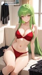 1girls 2026 ai_assisted ai_generated anime arm_support boobs bra breasts bust c.c. cleavage code_geass green_hair hi_res high_quality high_resolution highres long_hair navel panties patreon patreon_username red_bra red_panties skypassion solo stable_diffusion tits underwear watermark