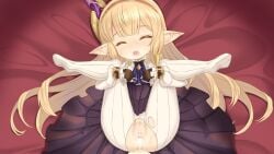 1boy 1girl after_sex bar_censor black_gloves blonde_hair censored closed_eyes commentary_request cum cum_in_pussy cum_overflow dress earrings gloves granblue_fantasy granblue_fantasy:_relink harvin highres hou_(hachiyou) jewelry maglielle_(granblue_fantasy:_relink) pantyhose pointy_ears pubic_hair red_eyes sweatdrop torn_clothes torn_pantyhose white_dress
