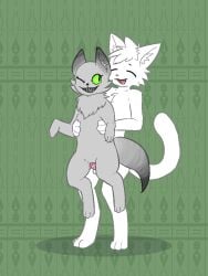 abstract_background animal_humanoid anonymous_artist anthro anthro_on_feral bestiality bodily_fluids carrying_another carrying_partner digitigrade duo eyes_closed felid felid_humanoid feline feline_humanoid female feral fluffy fluffy_chest from_behind_position fur genital_fluids genitals green_eyes grey_body grey_fur grin happy happy_sex home_(off_fangame) humanoid inner_ear_fluff jozlyn_(home) male male/female mammal mammal_humanoid off_(game) penile_spines penis sex sharp_teeth smile tail teeth tuft vaginal_fluids white_body white_fur