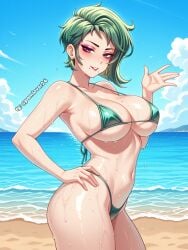 1girl ai_generated ass_focus beach brawl_stars from_behind green_hair huge_ass large_breasts lola_(brawl_stars) looking_back short_hair solo standing sweat wet