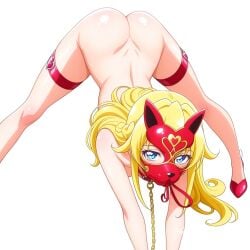 1girl adult ai_assisted ai_generated anime_screencap beautiful blond blue_eyes collar gold_chain hair_down hands_between_legs illustration knees_apart latex_mask leash_in_mouth looking_at_viewer looking_over_shoulder naked no_background nude on_knees red_collar seductive_face sexually_suggestive sexy_pose short_girl showing_ass slender_body small_boobs thigh_cuffs view_from_behind white_background