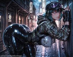 1girl ai_generated ass backdoorsenpai baseball_cap big_ass breasts camouflage_jacket chain chained collar curvy egao ela_(rainbow_six) female_focus fingerless_gloves goggles_on_headwear headset holster hood large_breasts latex_legwear leash leggings metal_collar naughty_face naugty_eyes perky_breasts rainbow_six rainbow_six_siege slave solo thick_thighs thigh_chain thighs wide_hips
