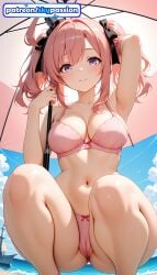 1girls 2026 ai_assisted ai_generated anime azur_lane beach_umbrella blue_sky boobs bow bra breasts bust cloud hi_res high_quality high_resolution highres navel panties patreon patreon_username pink_bra pink_panties saratoga_(azur_lane) sky skypassion squatting stable_diffusion tits underwear water watermark