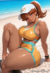 1girl ai_generated beach big_breasts female huge_breasts mario_(series) mature_female nintendo princess_daisy revoaru super_mario_bros. swimsuit tanned tanned_female tanned_skin thick_thighs thighs