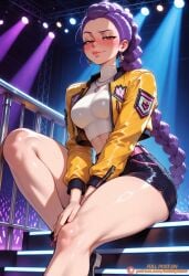 1girl ai_generated artist_name blush braid braided_ponytail breasts brown_eyes crop_top cropped_jacket earrings glowstick hair_pulled_back half-closed_eyes jacket jewelry kpop_demon_hunters lips long_braid long_hair long_sleeves looking_at_viewer medium_breasts midriff necklace netflix open_jacket patreon patreon_logo patreon_username pink_belt purple_hair rumi_(kpop_demon_hunters) short_shorts shorts sitting skirt smile solo stage_lights tagme_(artist) thick_thighs thighs turtleneck very_long_hair web_address yellow_jacket