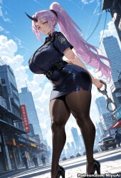 1girl ai_assisted ai_generated bangs belt black_footwear black_legwear blush breasts building city cloud curvaceous curvy curvy_female curvy_figure dutch_angle female full_body giantess handcuffs high_heels holding horns huge_breasts long_hair looking_at_viewer miniskirt miyuai oni oni_horns outdoors pantyhose pencil_skirt police police_uniform policewoman ponytail purple_eyes purple_hair shion_(tensei_shitara_slime_datta_ken) shirt short_sleeves single_horn skirt sky tensei_shitara_slime_datta_ken thick thick_ass thick_butt thick_hips thick_legs thick_thighs thighs uniform very_long_hair voluptuous voluptuous_female wide_hips wide_thighs