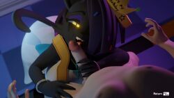 cat_ears cat_girl eyeshadow game_cg game_over glowing_eyes human_on_anthro in_heat_(game) large_breasts large_penis licking_penis nile_(in_heat) purple_hair runny_makeup smile yellow_eyes