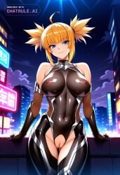 1girl ahoge ai_assisted ai_generated armor bare_shoulders black_bodysuit blonde_hair blue_eyes city cityscape clouds cowboy_shot crotchless curvy dark_theme detailed_pussy dynamic_lighting elbow_gloves fang fishnets gloves high_contrast kagami_hirotaka koukawa_oboro looking_at_viewer neon_lights night night_sky outdoors short_hair short_twintails skin_tight soft_shading taimanin_asagi_zero taimanin_suit thigh_gap visible_pussy