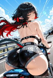 1girl ai_assisted ai_generated ass back bangs bare_shoulders black_hair black_legwear black_shorts blue_sky breasts cloud curvaceous curvy curvy_female curvy_figure day female from_behind green_eyes grin ground_vehicle gun jane_doe_(zenless_zone_zero) jewelry lens_flare long_hair looking_at_viewer looking_back medium_breasts miyuai motorcycle multicolored_hair outdoors parted_lips red_hair short_shorts shorts shoulder_blades skindentation sky smile solo streaked_hair thick thick_ass thick_butt thick_hips thick_legs thick_thighs thighhighs thighs voluptuous voluptuous_female weapon wide_hips wide_thighs zenless_zone_zero