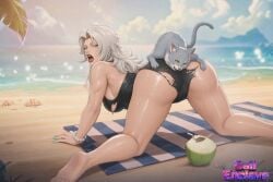 1girl ai_generated artist_logo artist_name artist_signature beach_background big_ass_(female) black_bikini black_cat_(marvel) black_cat_(marvel_rivals) cat felicia_hardy female grey_cat light-skinned_female light_skin long_hair marvel marvel_rivals netease_games not_porn open_legs video_game white_hair x_username yallahs80