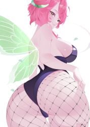 1girl ass ass_focus black_leotard breasts colored_skin fairy fairy_wings fishnet_pantyhose fishnets froggyloch highres huge_ass indie_virtual_youtuber leotard medium_breasts minaaswet pantyhose pink_hair pink_skin playboy_bunny red_eyes short_hair sideboob solo thighs virtual_youtuber white_background wings