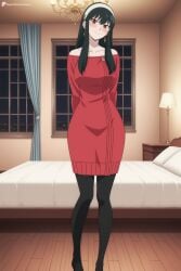 1girl ai_generated arms_behind_back bare_shoulders bed bedroom black_hair black_pantyhose blush breasts closed_mouth collarbone curtains digitalwaifugallery dress earrings full_body hairband hi_res high_quality high_resolution indoors jewelry large_breasts long_hair looking_at_viewer night off-shoulder_sweater off_shoulder on_bed pantyhose patreon pillow red_eyes red_sweater seductive sexy sidelocks smile solo spy_x_family standing sweater sweater_dress uncensored watermark white_hairband window yor_briar