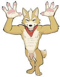 2024 4_fingers abs anthro balls canid canine claws colored eyebrows finger_claws fingers flaccid fox fox_mccloud front_view full-length_portrait fur genitals green_eyes hair hi_res humanoid_genitalia humanoid_penis jrjresq kerchief looking_at_viewer male mammal muscular muscular_anthro muscular_male navel neckerchief neckwear nintendo nipples nude open_mouth open_smile pawpads pecs penis portrait shaded simple_background smile solo standing star_fox tail tan_body tan_fur tuft v-cut white_background