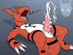 animal_genitalia bandai_namco bodily_fluids claws cum cumshot digimon digimon_(species) dragon ejaculation erection feral finger_claws genital_fluids genital_slit genitals guilmon hi_res lying male masturbation moan mythological_creature mythological_scalie mythology on_back penile penile_masturbation rauta2 scalie solo toe_claws