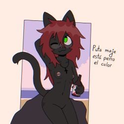 1:1 2024 :3 absurd_res alcohol_bottle anthro areola bangs barbell_piercing beach beverage_bottle black_body black_fur bottle cat_smile container crischar_foxito cross cross_necklace dialogue domestic_cat felid feline felis female fur genitals geometric_background green_eyes hair hand_behind_head heart_symbol hi_res holding_alcohol holding_bottle holding_container holding_object jewelry long_hair mammal monotone_body monotone_fur navel necklace nipple_piercing nipples nude nude_female one_eye_closed piercing pink_areola pink_nipples pink_nose red_hair roxy_(crischar_foxito) simple_background slim_anthro slim_female solo spanish_text tail text translated vulva white_background