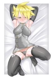 1girl armpit armpit_fetish armpit_focus armpits arms_above_head blonde_female blonde_hair dakimakura dakimakura_design dakimakura_pose elf elf_ears elf_female elf_girl eyes female green_eyes hands_behind_head kurocchi131 light-skinned_female light_skin open_legs panties short_hair spiky_hair steam steaming_body steamy_breath sweat sweatdrop sweaty sweaty_armpits sweaty_thighs wet wet_body wet_skin