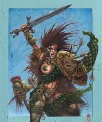 1girls ancient_history bodypaint boudica boudica_(boadicea) brittania facepaint female female_only galea history human human_only light-skinned_female light_skin navel one_breast_out pasties public_domain queen shield simon_bisley sword tagme warrior weapon