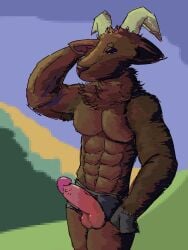 3:4 abs anthro armpit_hair body_hair bovid caprine clothing epic_games fortnite genitals goat half-closed_eyes hi_res male mammal narrowed_eyes pecs penis raised_arm rudolph4444 solo standing the_goat_(fortnite) underwear